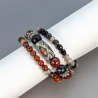 Black and Red Natural Stone and African Glass Bead Bracelet Stack