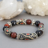 Black and Red Natural Stone and African Glass Bead Bracelet Stack