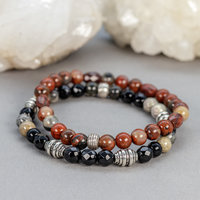 Black and Red Natural Stone and African Glass Bead Bracelet Stack