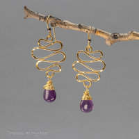 Golden Brass Wire Squiggle Earrings, Organic Dangle Earrings with Purple Fluorite Gemstone
