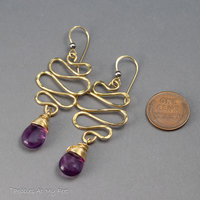 Golden Brass Wire Squiggle Earrings, Organic Dangle Earrings with Purple Fluorite Gemstone