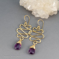 Golden Brass Wire Squiggle Earrings, Organic Dangle Earrings with Purple Fluorite Gemstone