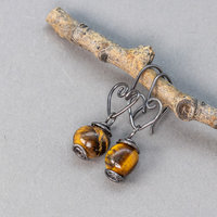 Dainty Golden Brown Tiger's Eye Earrings in Oxidized Sterling Silver