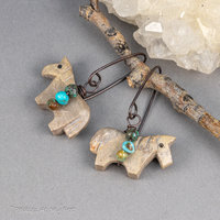 Carved Stone Horse Earrings, Brown Pony Earrings Accented with Turquoise