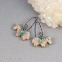 Carved Stone Horse Earrings, Brown Pony Earrings Accented with Turquoise