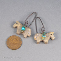 Carved Stone Horse Earrings, Brown Pony Earrings Accented with Turquoise