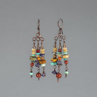 Multi Stone Chandelier Earrings, Earthy Stone Beaded Tribal Earrings with Turquoise and Jasper Stones