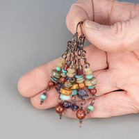 Multi Stone Chandelier Earrings, Earthy Stone Beaded Tribal Earrings with Turquoise and Jasper Stones