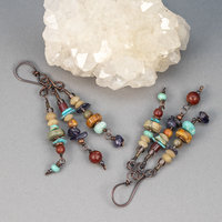 Multi Stone Chandelier Earrings, Earthy Stone Beaded Tribal Earrings with Turquoise and Jasper Stones