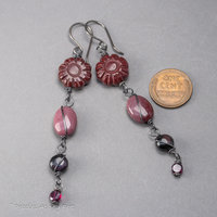Long Dangle Earrings in Shades of Burgundy and Black, Garnet Obsidian and Mookaite Earrings