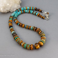 Chunky Beaded Necklace with Genuine Turquoise and Tiger Eye Gemstones