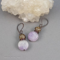 Lilac Amethyst and Carved Serpentine Natural Stone Earrings in Copper