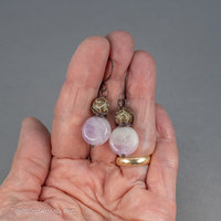 Lilac Amethyst and Carved Serpentine Natural Stone Earrings in Copper