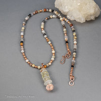 Topaz Pendant on Beaded Necklace with Agate, Quartz, Obsidian, and Copper