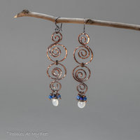 Copper Spiral Long Dangle Earrings with Moonstone and Kyanite