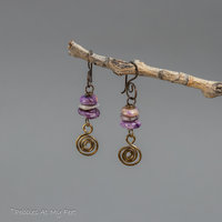 Brass Spiral Dangle Earrings With Purple Charoite Stones