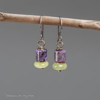 Charoite and Green Garnet Beaded Drop Earrings in Sterling Silver