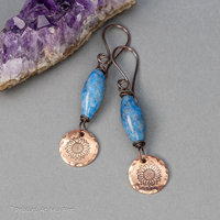 Blue Stone Dangle Earrings with Handcrafted Copper Sunflower Charms