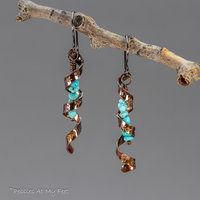 Twisted Copper Ribbon Earrings with Western Star and Moon Design and Turquoise Stones