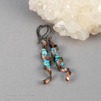 Twisted Copper Ribbon Earrings with Western Star and Moon Design and Turquoise Stones