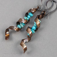 Twisted Copper Ribbon Earrings with Western Star and Moon Design and Turquoise Stones