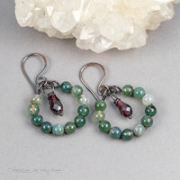 Moss Agate and Garnet Hoop Earrings in Copper
