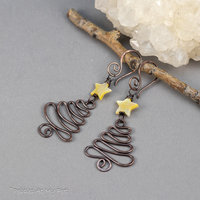 Copper Wire Work Christmas Tree Earrings with Mother of Pearl Star