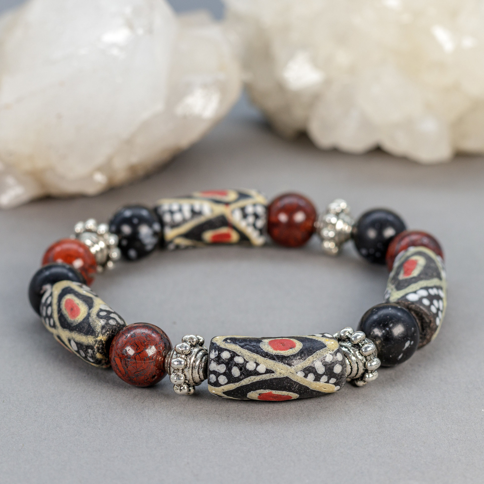 Black and Red Natural Stone and African Glass Bead Bracelet Stack