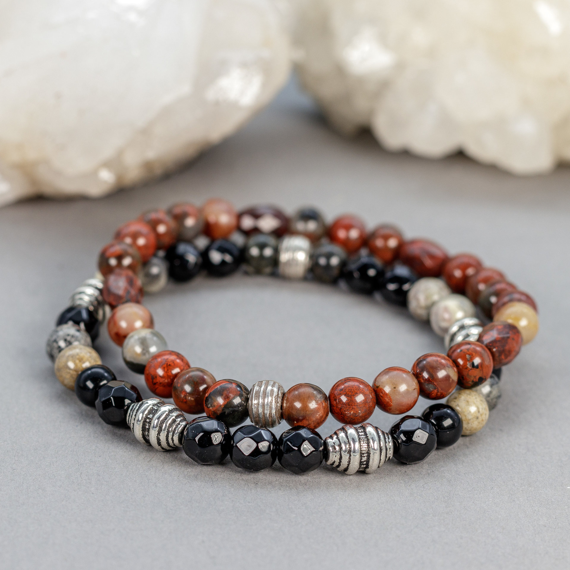 Black and Red Natural Stone and African Glass Bead Bracelet Stack