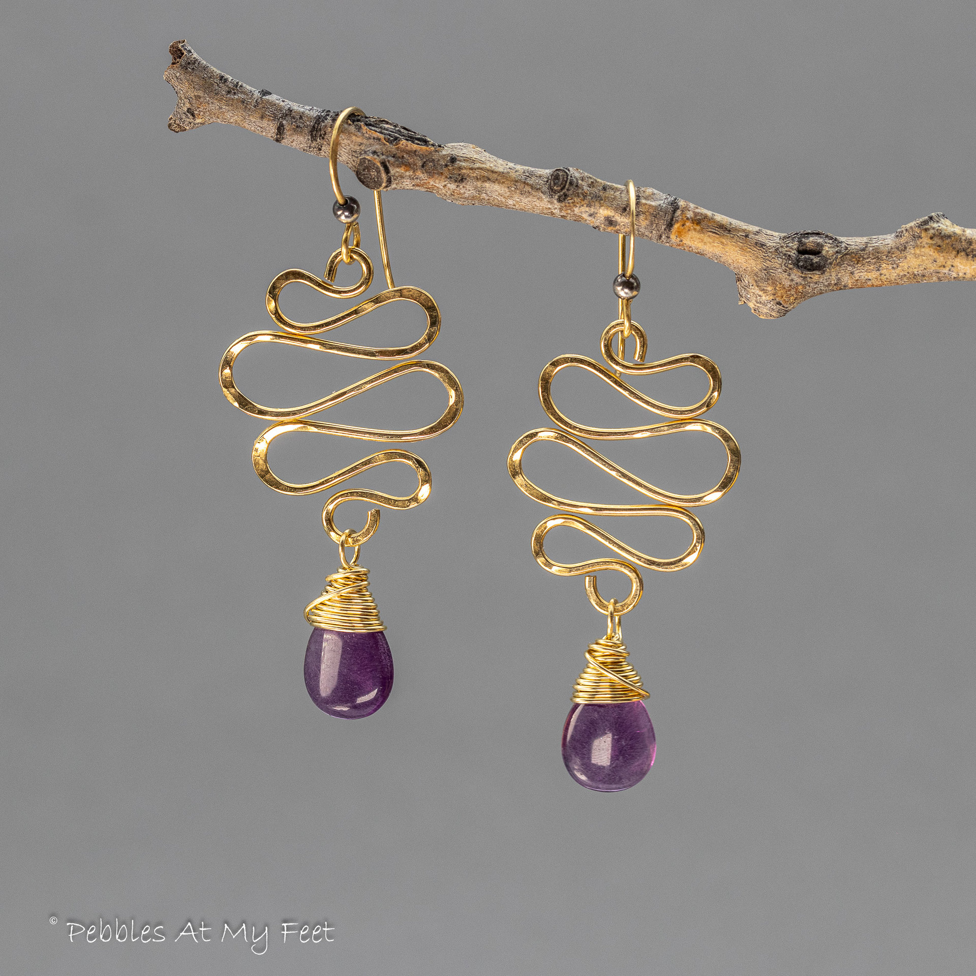 Golden Brass Wire Squiggle Earrings, Organic Dangle Earrings with Purple Fluorite Gemstone