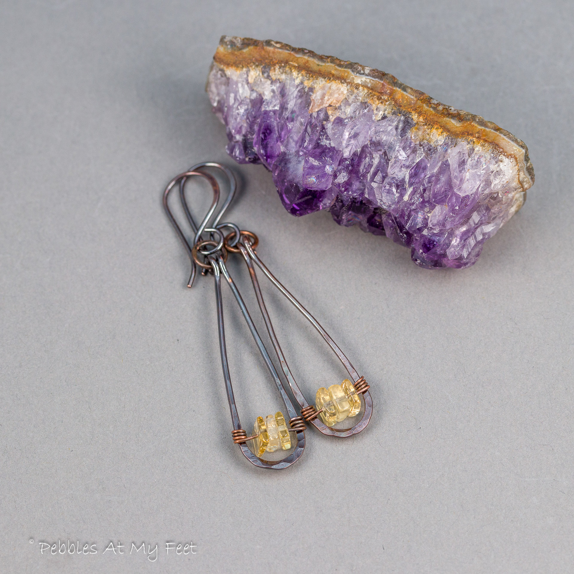 Copper Teardrop Earrings with Citrine Natural Stones