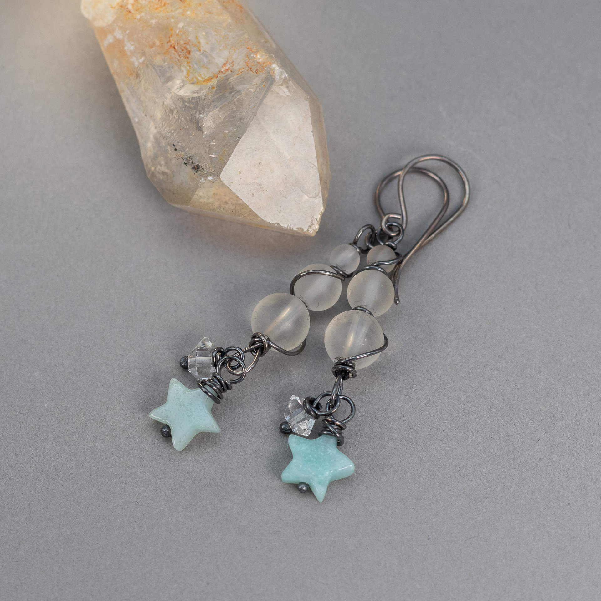 Wire Wrapped Rock Crystal Dangle Earrings with Aqua Stone Star Charms