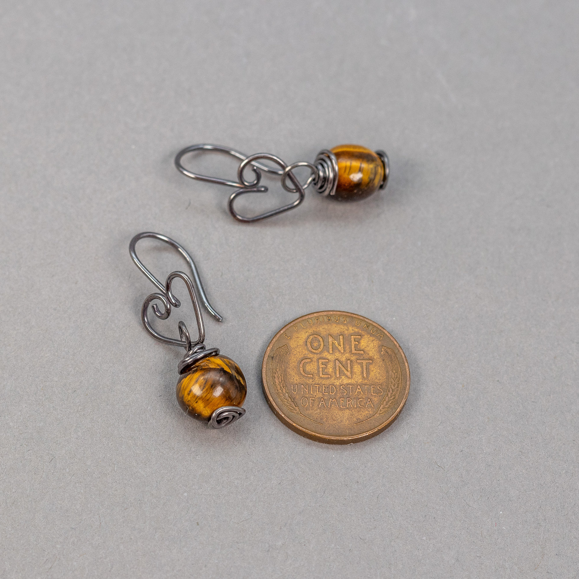 Dainty Golden Brown Tiger's Eye Earrings in Oxidized Sterling Silver