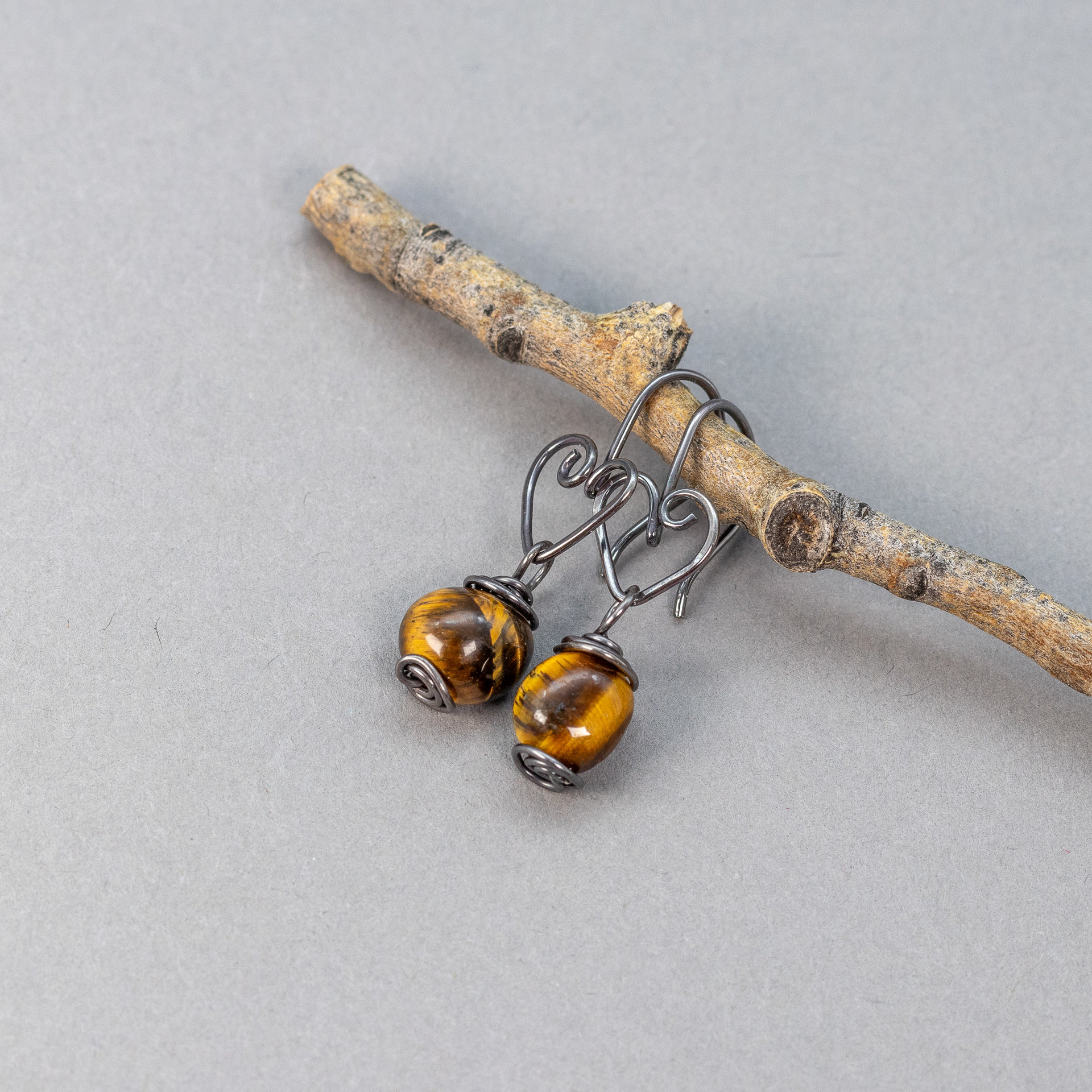 Dainty Golden Brown Tiger's Eye Earrings in Oxidized Sterling Silver
