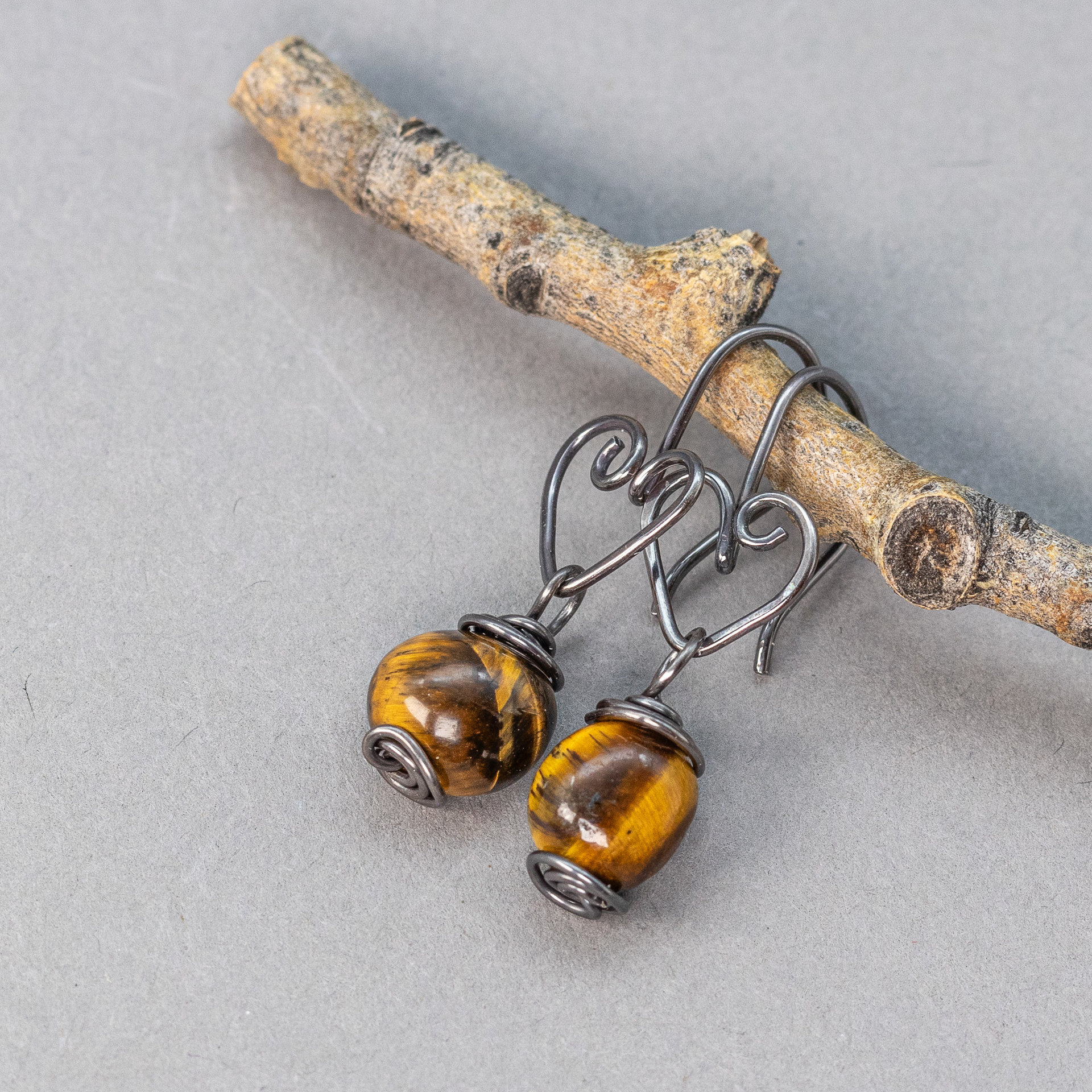 Dainty Golden Brown Tiger's Eye Earrings in Oxidized Sterling Silver