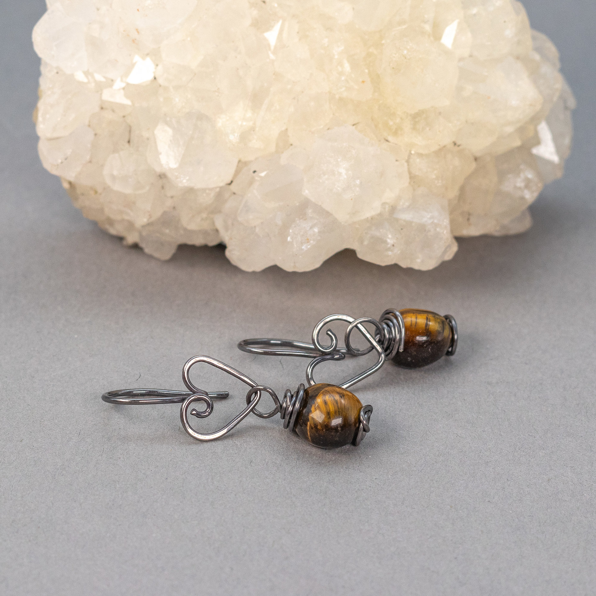 Dainty Golden Brown Tiger's Eye Earrings in Oxidized Sterling Silver