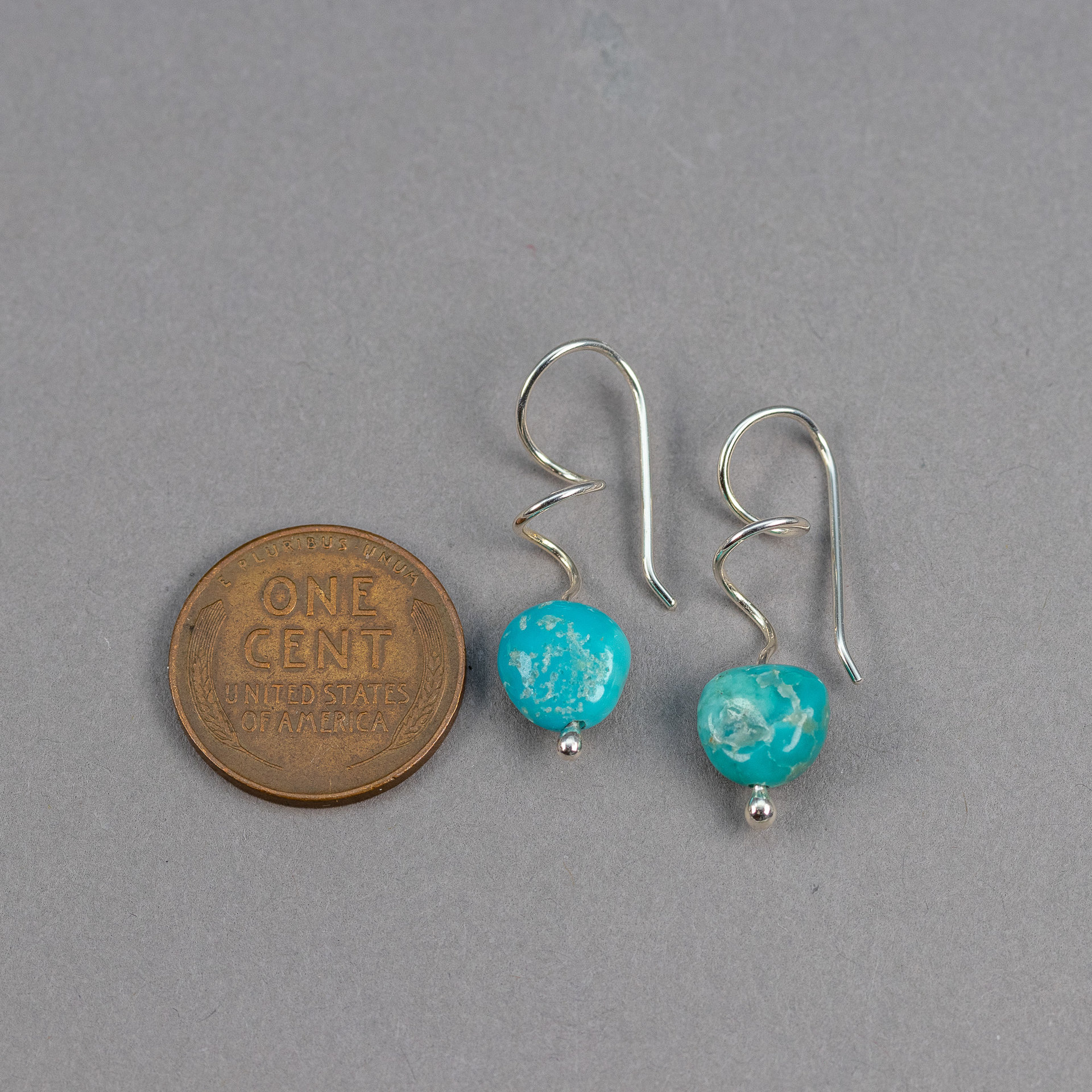 Curlicue Silver Earrings with Campitos Turquoise, Genuine Turquoise Whimsical Drop Earrings