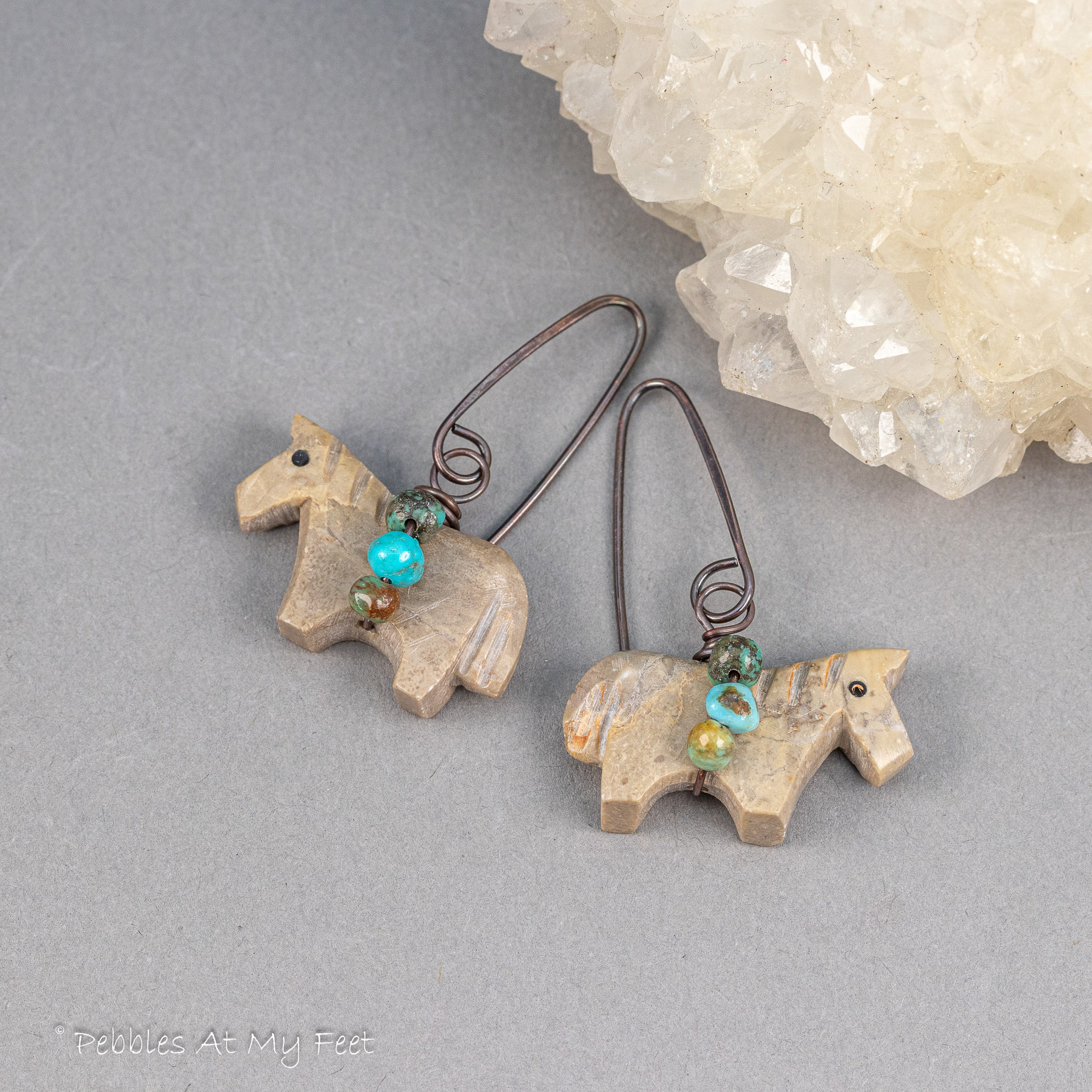 Carved Stone Horse Earrings, Brown Pony Earrings Accented with Turquoise