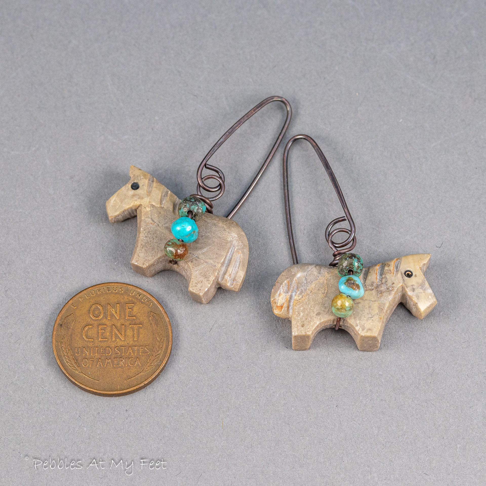 Carved Stone Horse Earrings, Brown Pony Earrings Accented with Turquoise