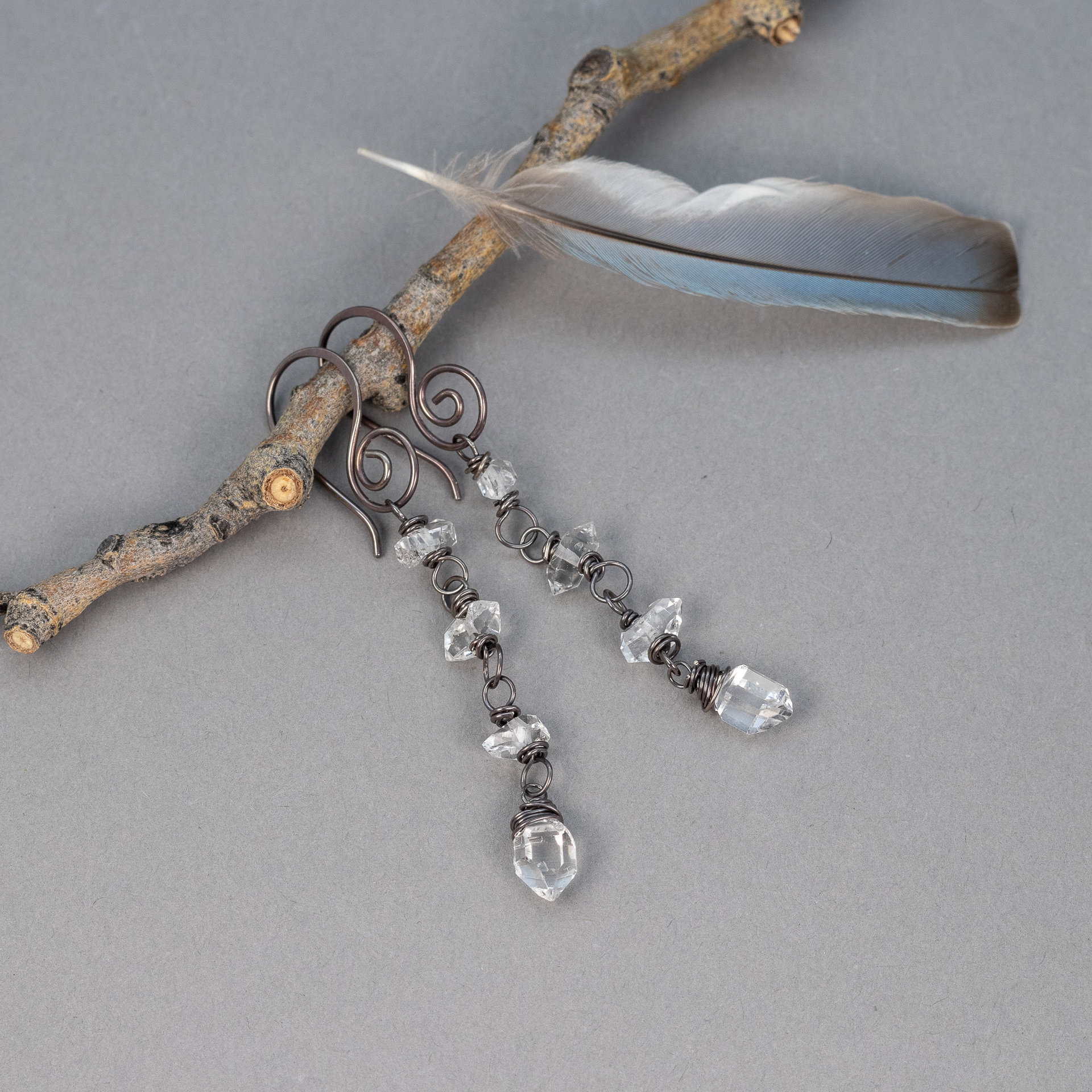 Herkimer Diamond Quartz Linked Dangle Earrings