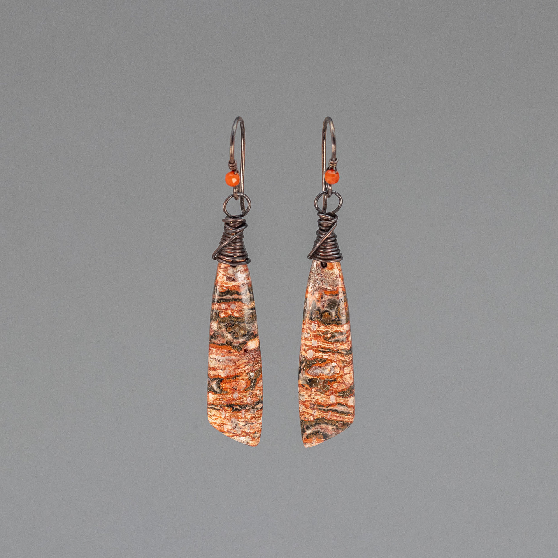 Dramatic Stone Tablet Earrings, Striking Red and Brown Jasper Earrings in Copper