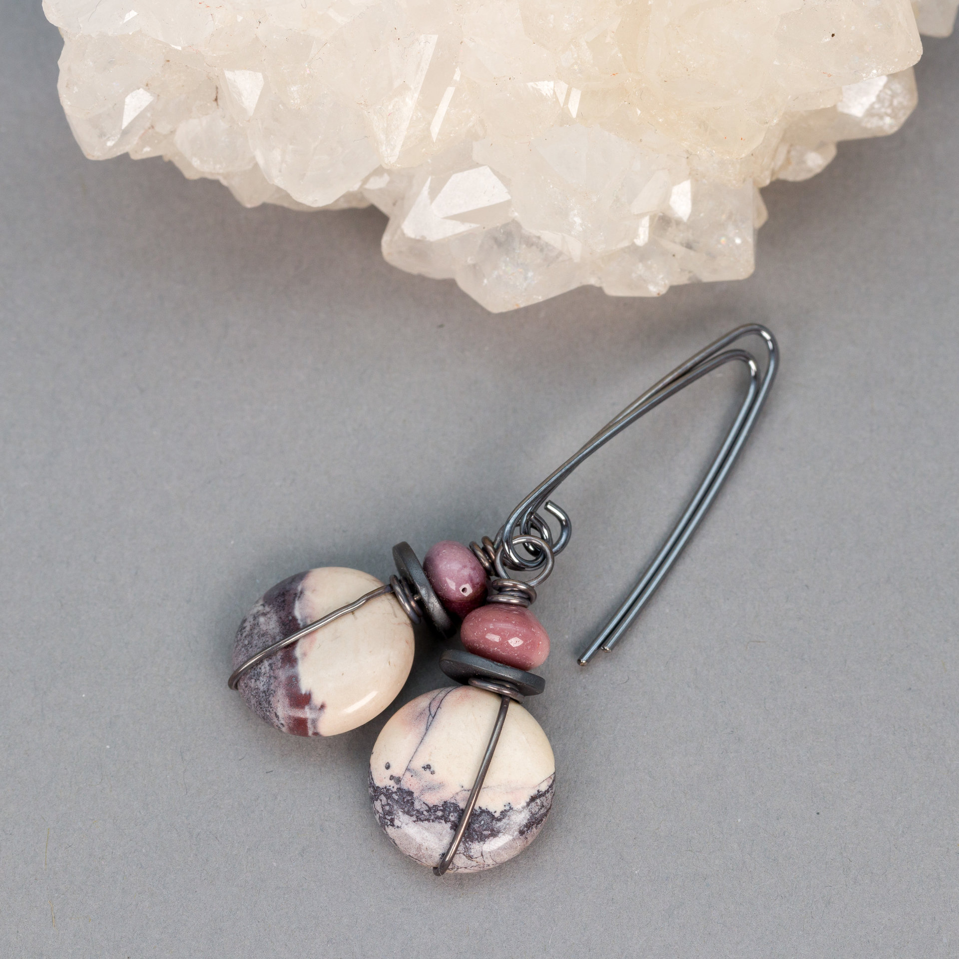 White Gray and Mauve Jasper Earrings, Porcelain Jasper Winter Scene Earrings