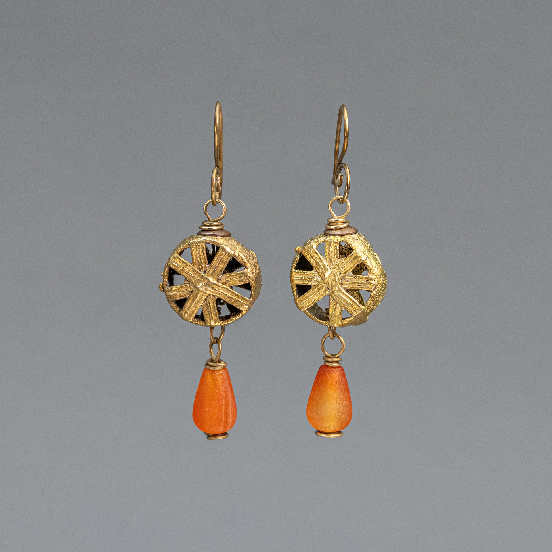 Rustic Brass Dangle Earrings with African Brass Beads and Agate Stone Drops