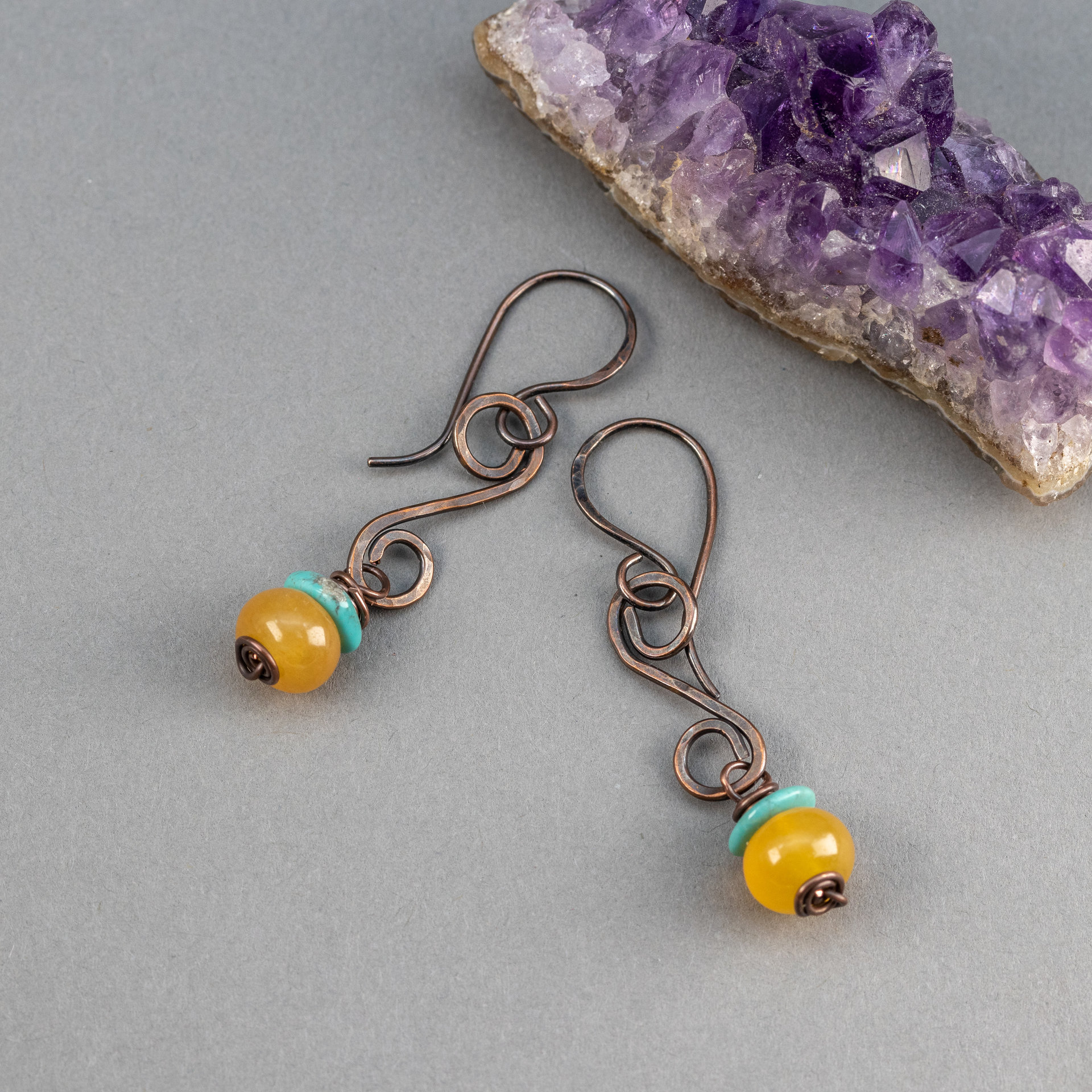 Yellow Aventurine Earrings in Copper, Golden Yellow Stone Small Dangle Earrings