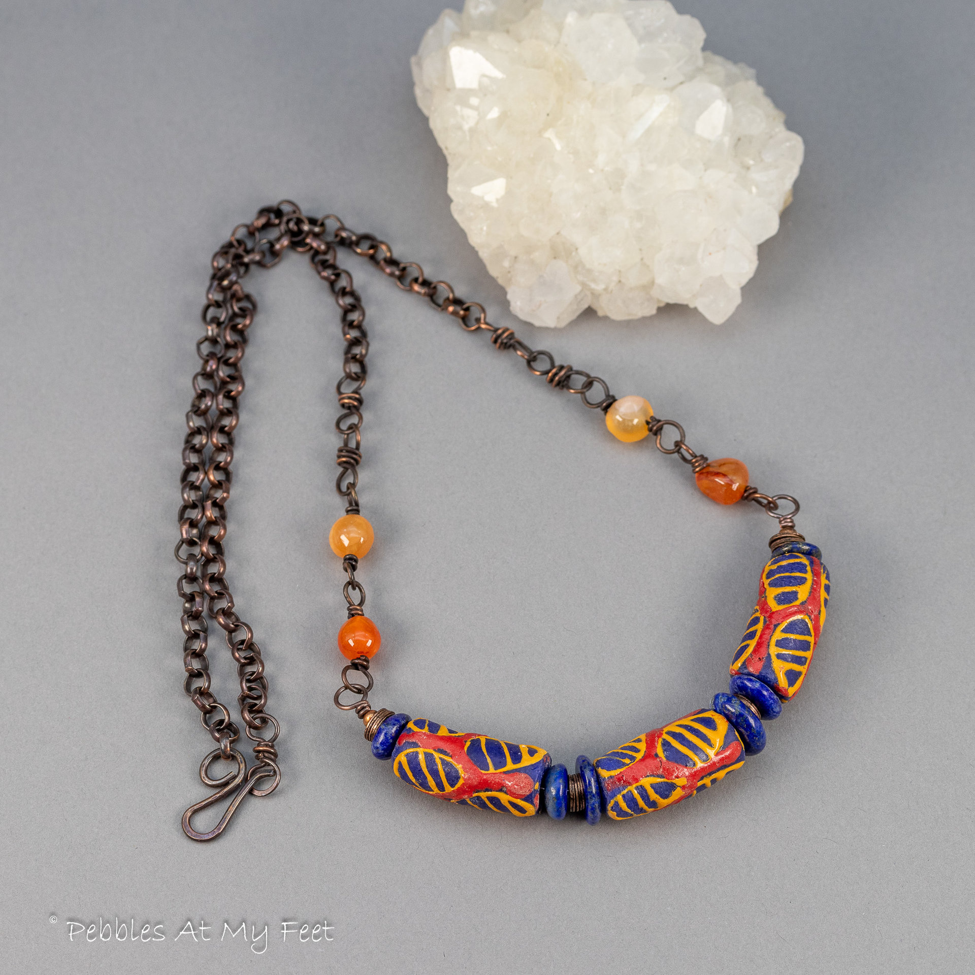 Blue and Orange African Glass Bead Necklace
