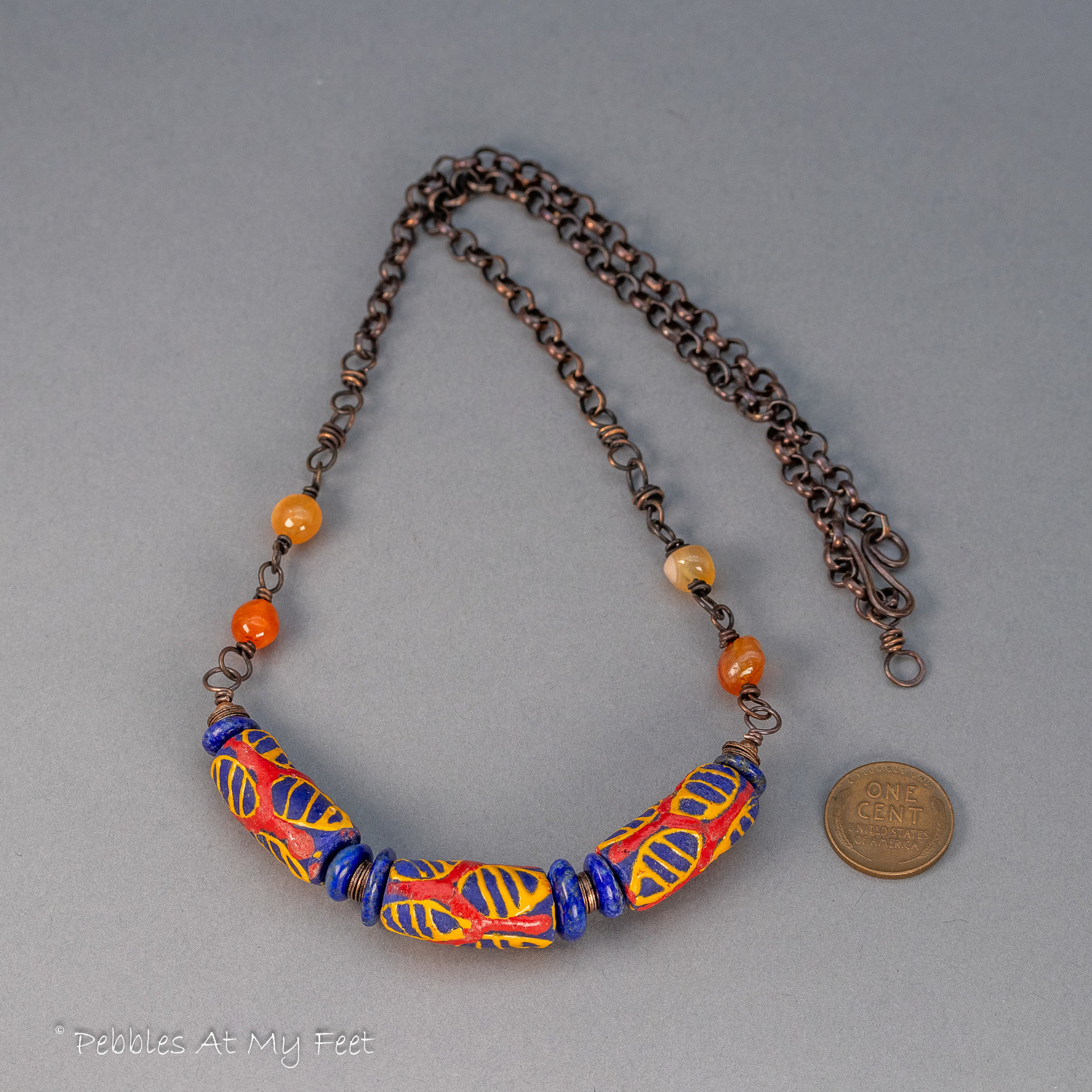 Blue and Orange African Glass Necklace Handcrafted in Copper 