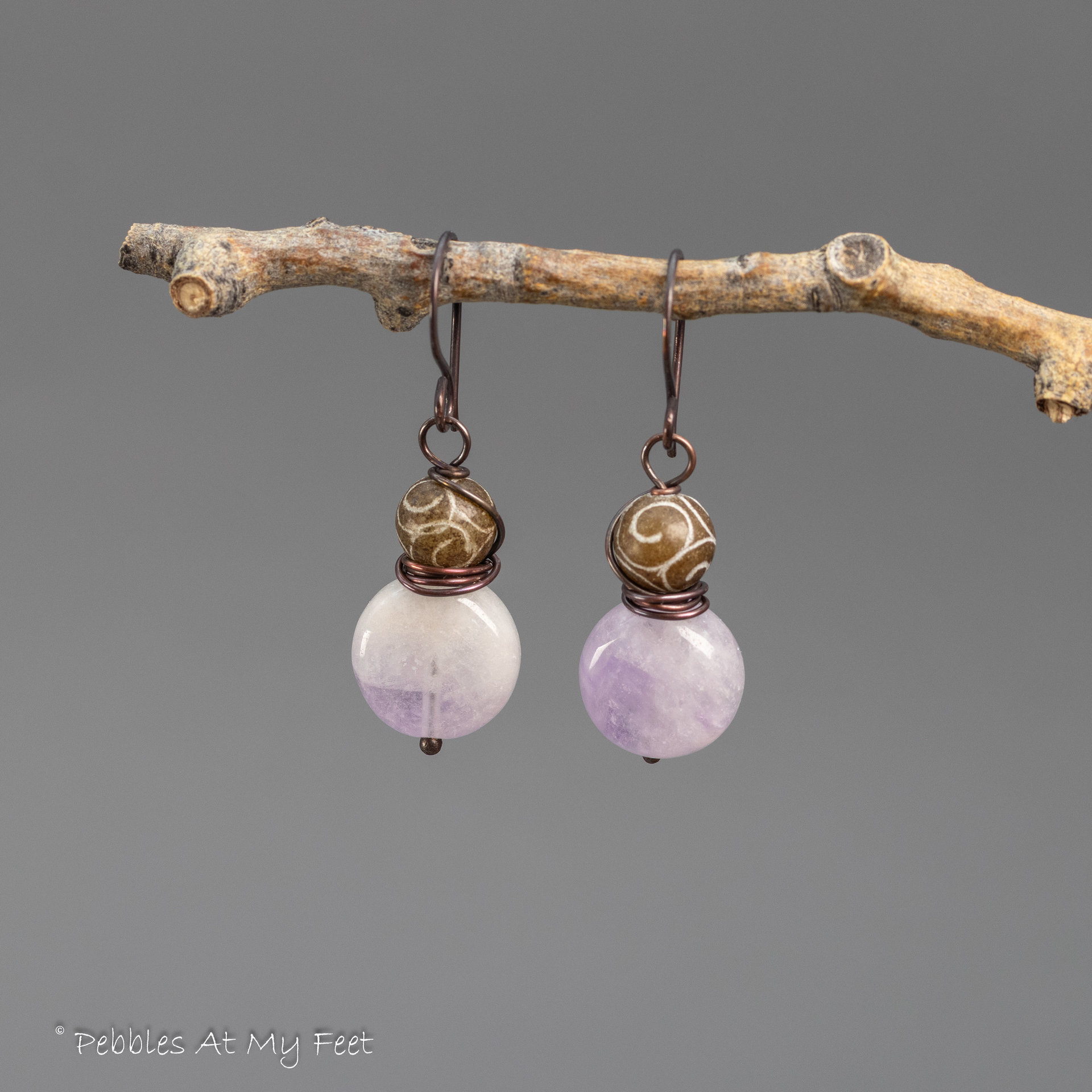 Lilac Amethyst and Carved Serpentine Natural Stone Earrings in Copper
