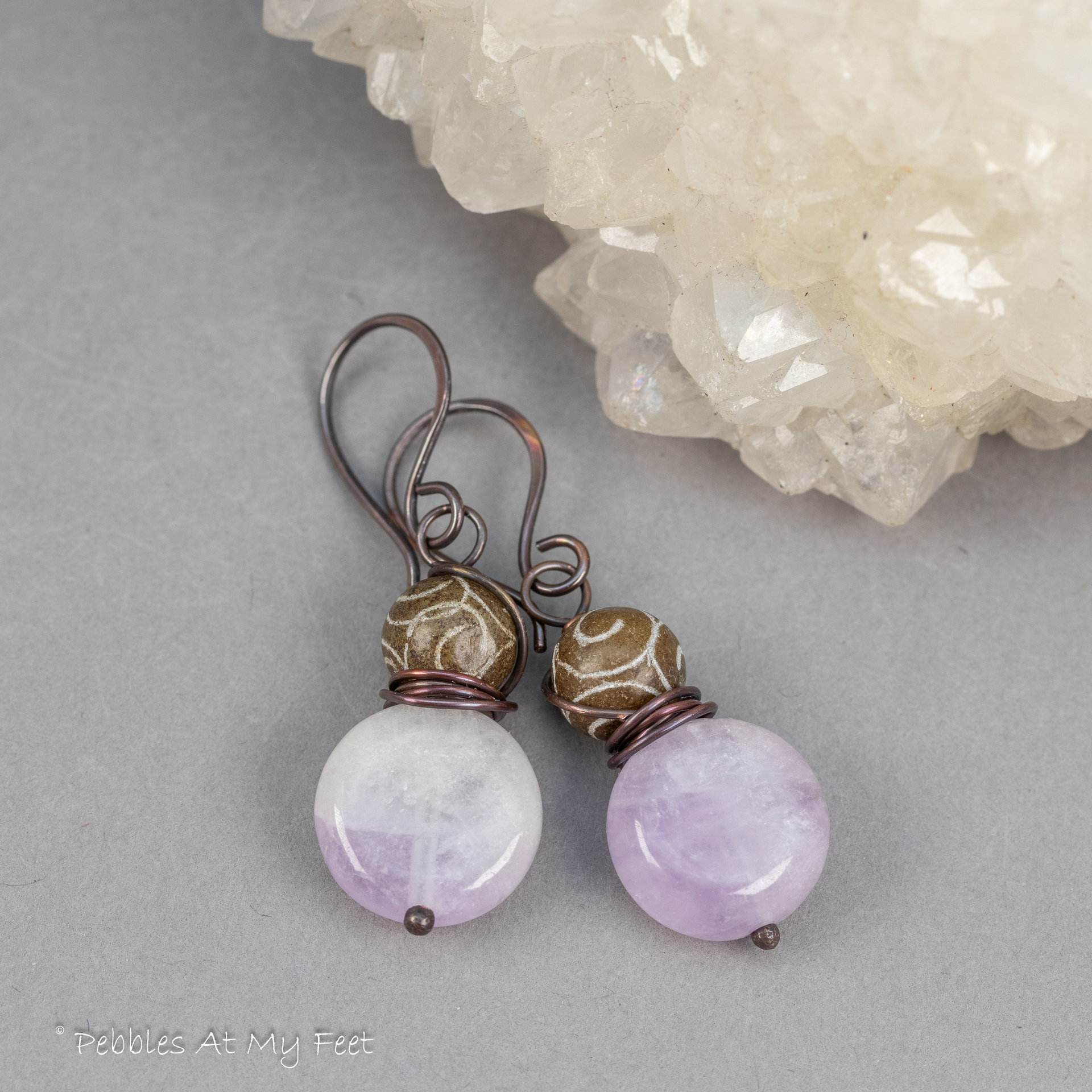 Lilac Amethyst and Carved Serpentine Natural Stone Earrings in Copper
