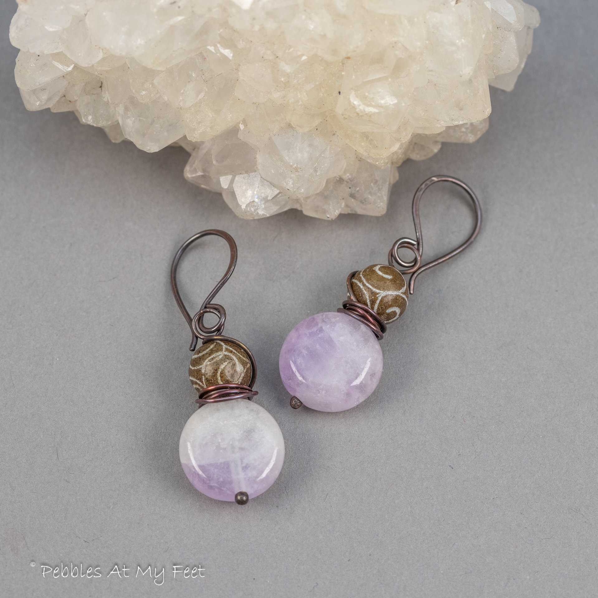 Lilac Amethyst and Carved Serpentine Natural Stone Earrings in Copper