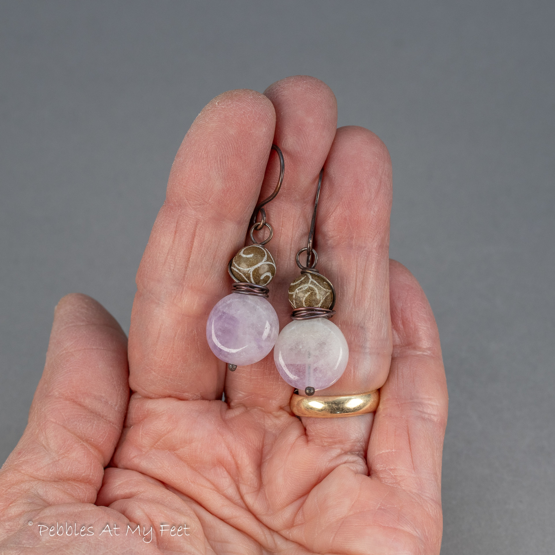 Lilac Amethyst and Carved Serpentine Natural Stone Earrings in Copper